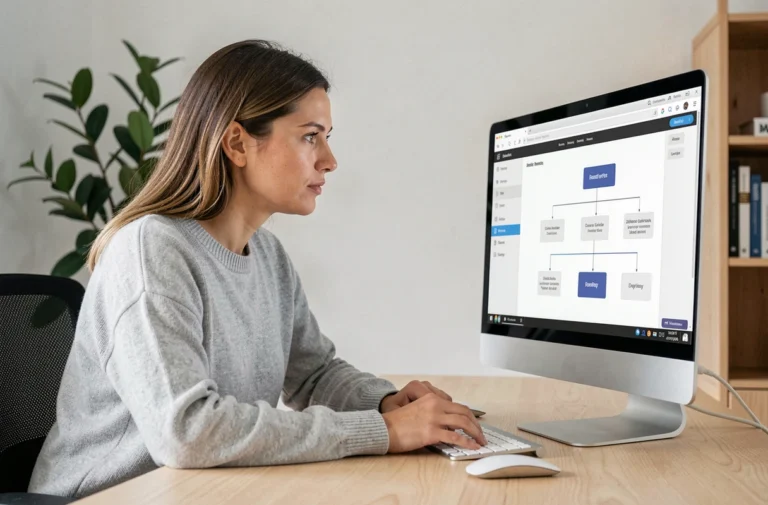 Femme analysant l'architecture de navigation d'un site web sur un écran d'ordinateur dans un bureau moderne