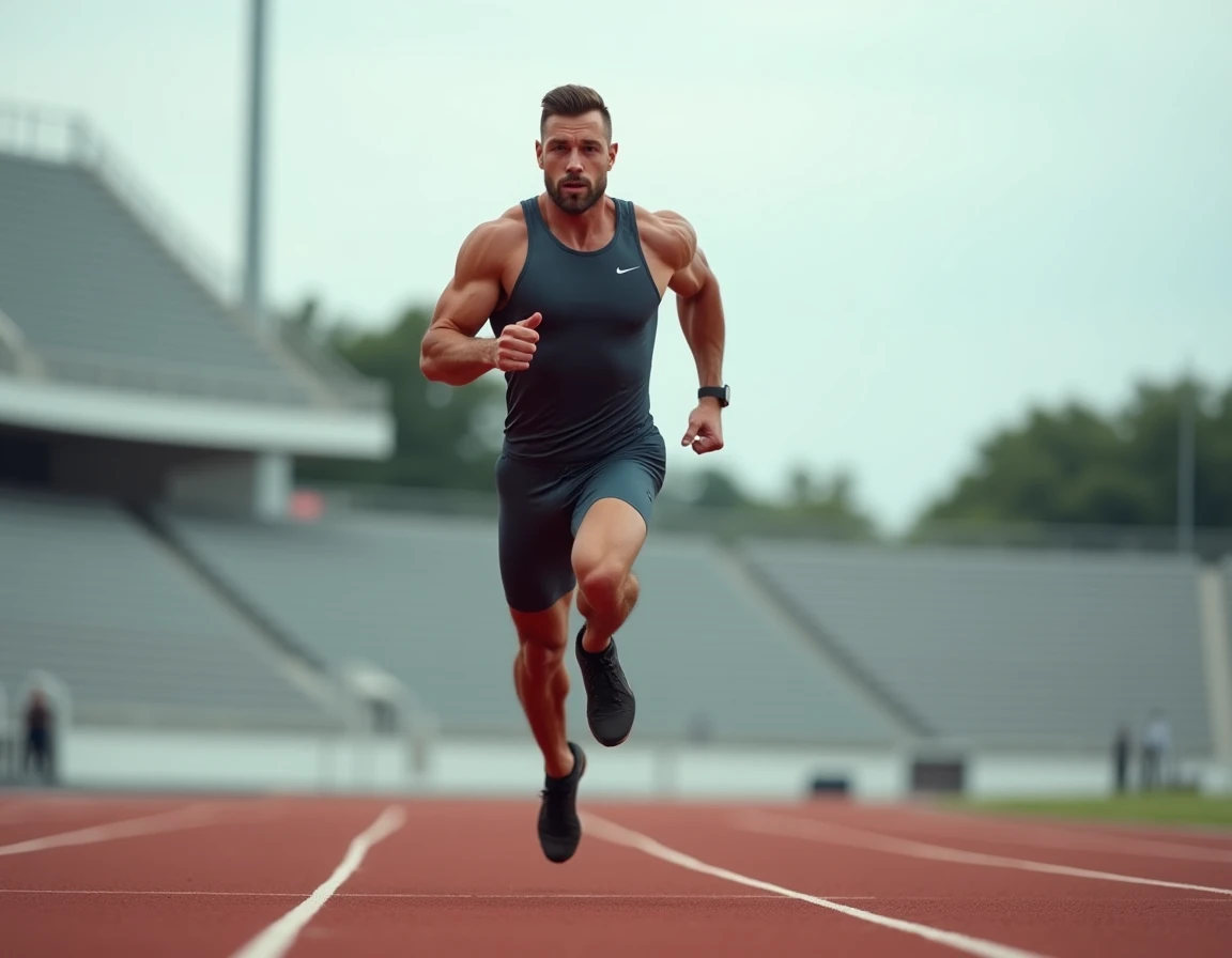 Athlète masculin en sprint anaérobie sur une piste d'athlétisme, illustrant l'effort explosif à haute intensité en sport