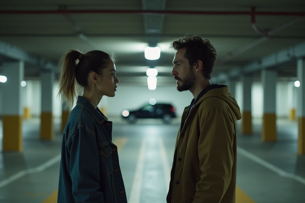 Homme et femme face à face dans un parking urbain, postures tendues et regards ambigus illustrant la dynamique complexe entre Beth et Rio dans Good Girls saison 3