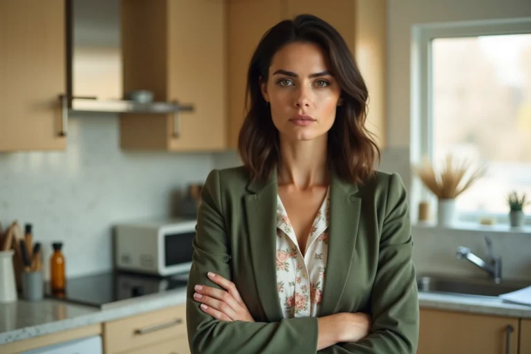 Femme en blazer dans une cuisine suburbaine, bras croisés, expression tendue évoquant une relation de pouvoir complexe comme Beth dans Good Girls saison 3