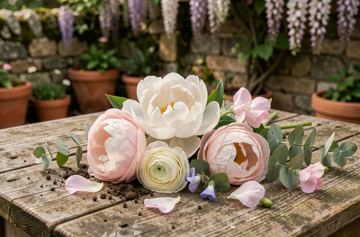 Bouquet de fleurs fraîchement coupées incluant pivoines et renoncules posé sur un établi en bois rustique dans un jardin de campagne