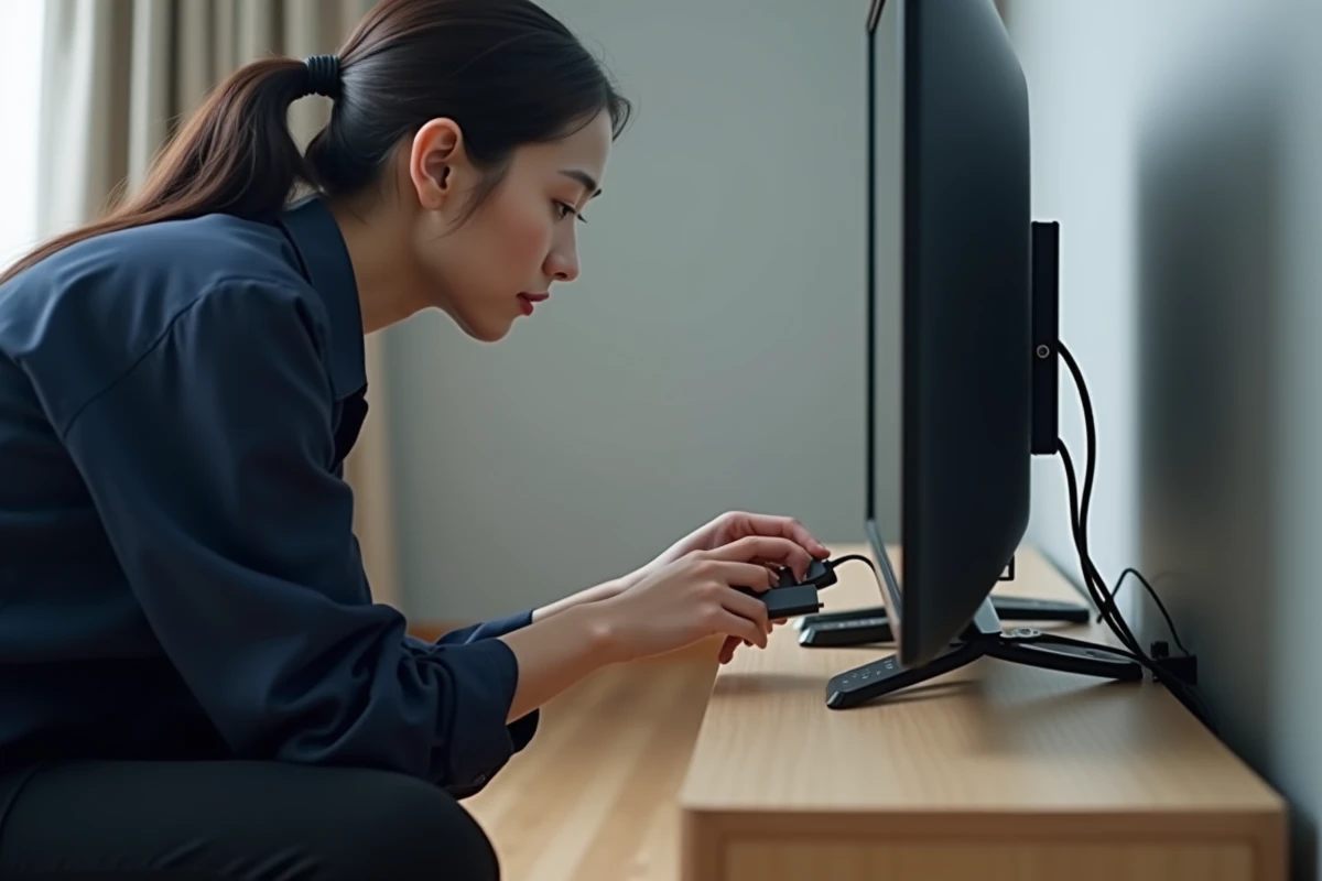 Femme branchant un Mi TV Stick dans le port HDMI d'un téléviseur à domicile