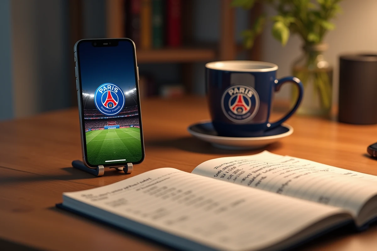 Bureau en bois avec iPhone sur support affichant un fond d'écran PSG 4K, carnet de notes et tasse à café dans une ambiance bureau à domicile