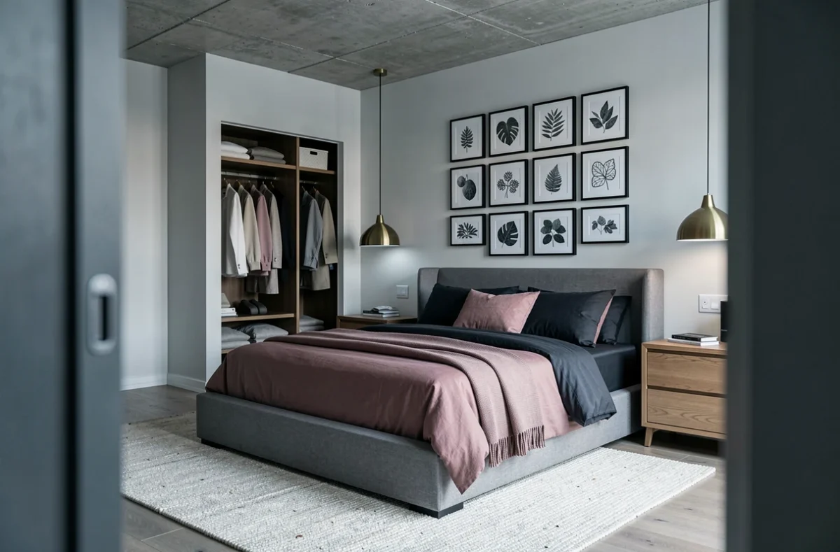Chambre élégante avec tête de lit tapissée, linge de lit en coton et mur de cadres botaniques en noir et blanc