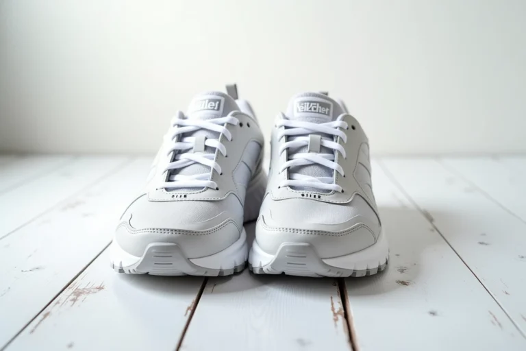 Vue du dessus d'une paire de chaussures Skechers originales posées sur une surface en bois blanc, montrant les détails de couture et le logo authentique