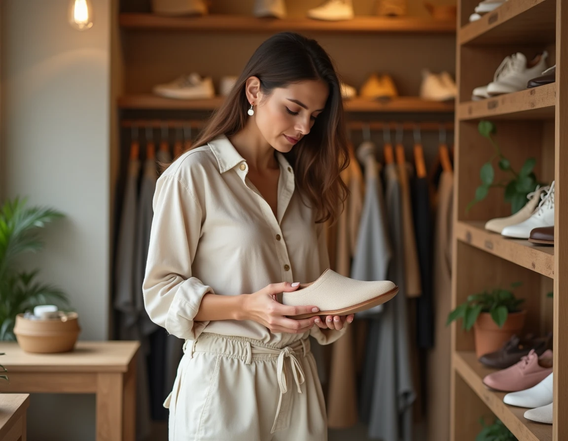 Femme inspectant des chaussures écoresponsables en cuir dans une boutique artisanale avec des étagères en bois brut