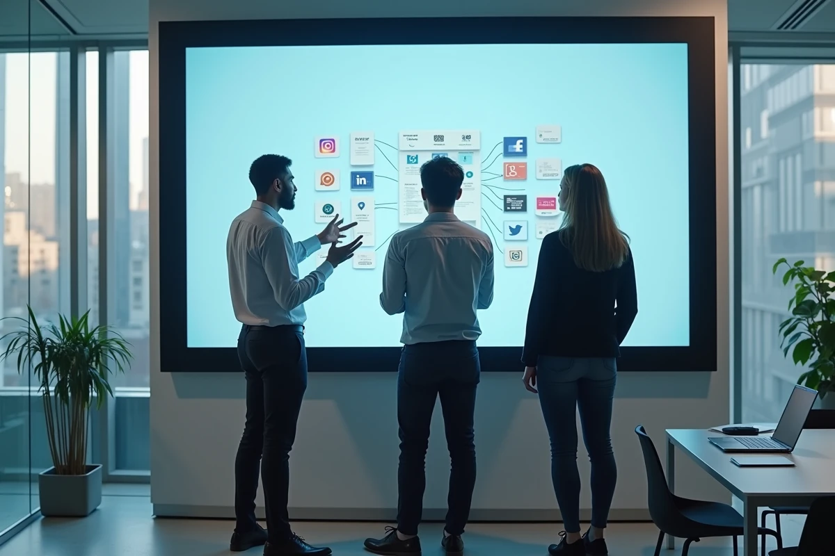 Équipe de professionnels collaborant sur une stratégie de marketing digital devant un écran interactif dans une salle de réunion moderne