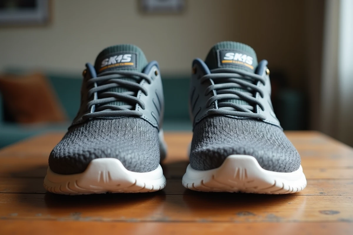 Comparaison côte à côte d'une chaussure Skechers originale et d'une contrefaçon sur une table en bois, mettant en évidence les différences de qualité et de logo