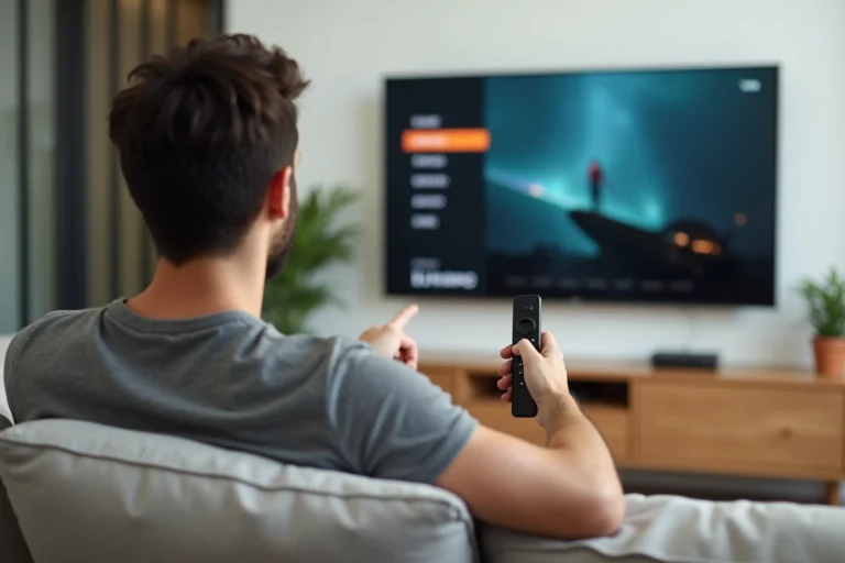 Homme configurant les chaînes TV avec une télécommande Mi TV Stick dans un salon moderne