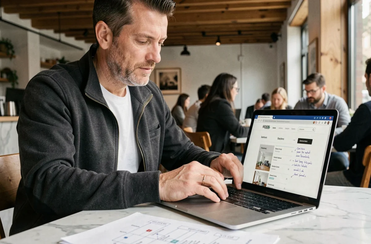 Homme consultant l'architecture de navigation d'un site web sur ordinateur portable dans un café urbain