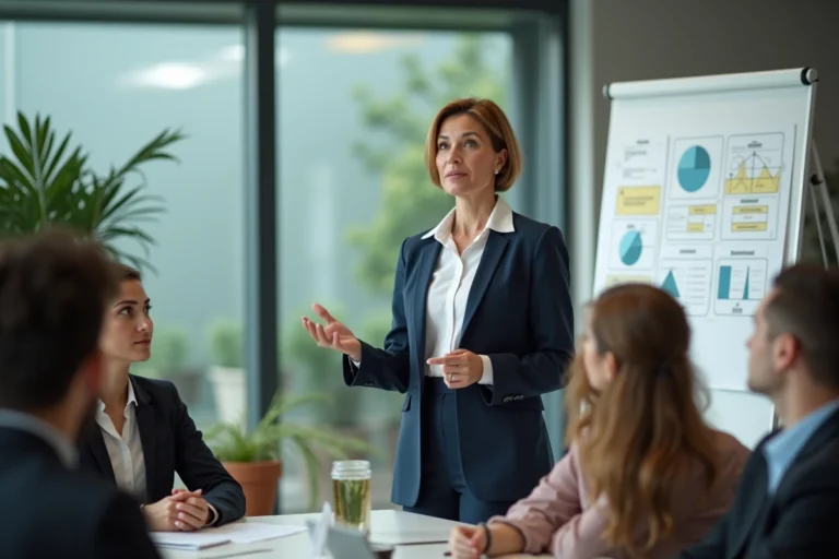 Consultante en responsabilité d'entreprise présentant un rapport RSE à une équipe dans une salle de réunion moderne