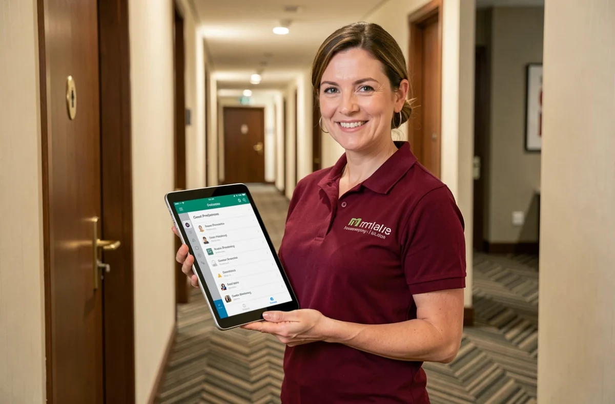 Coordinatrice d'hôtel utilisant une tablette pour gérer les préférences clients dans le respect du LPD