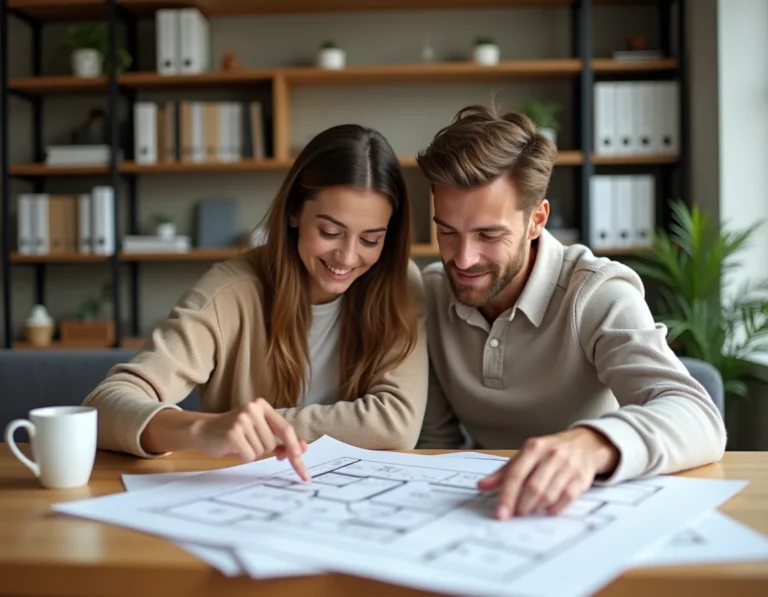 Couple étudiant des plans immobiliers et documents de projet autour d'une table en bois dans un appartement moderne