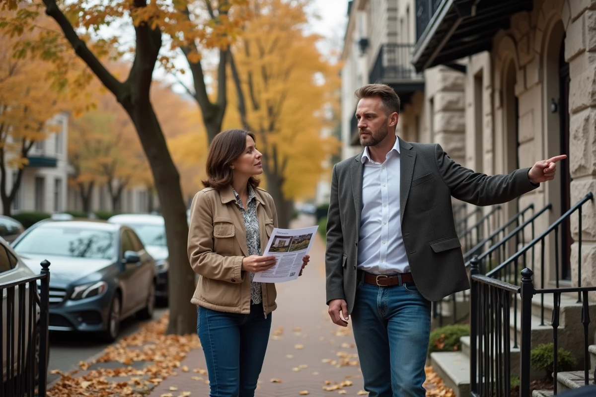 Couple évaluant un immeuble résidentiel en pierre lors d'une visite pour un investissement immobilier