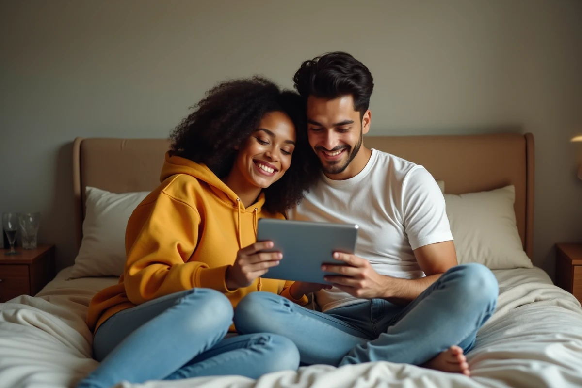 Couple regardant ensemble un service de vidéo à la demande sur tablette dans une chambre, illustrant l'utilisation partagée d'une offre VOD mobile comme Wister