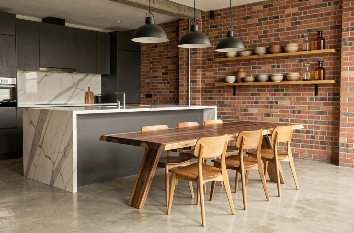 Cuisine ouverte moderne avec îlot en marbre Calacatta, table en noyer massif et chaises design en chêne dans un loft industriel