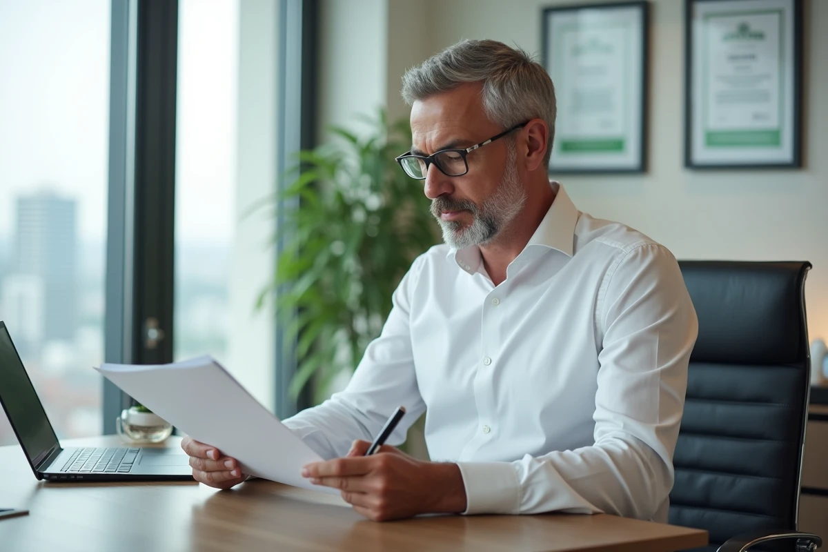 Dirigeant d'entreprise étudiant une proposition de conseil en éthique et responsabilité dans son bureau professionnel