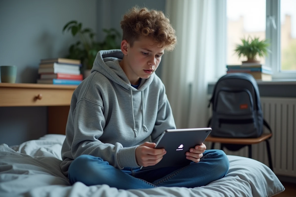 Adolescent tentant de se connecter au portail scolaire académique sur une tablette depuis sa chambre, illustrant les problèmes d'accès à id.ac-versailles.fr
