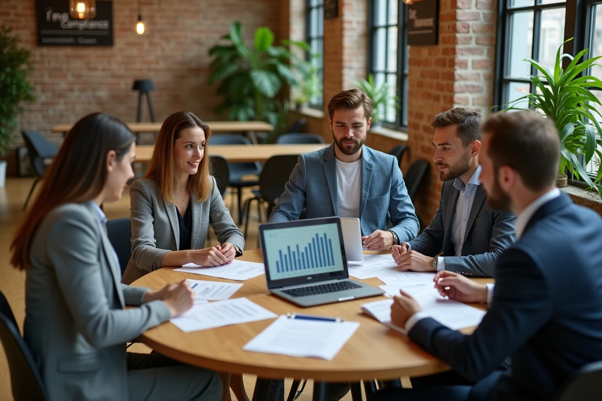 Équipe pluridisciplinaire collaborant sur une stratégie de responsabilité sociale des entreprises dans un espace de travail moderne