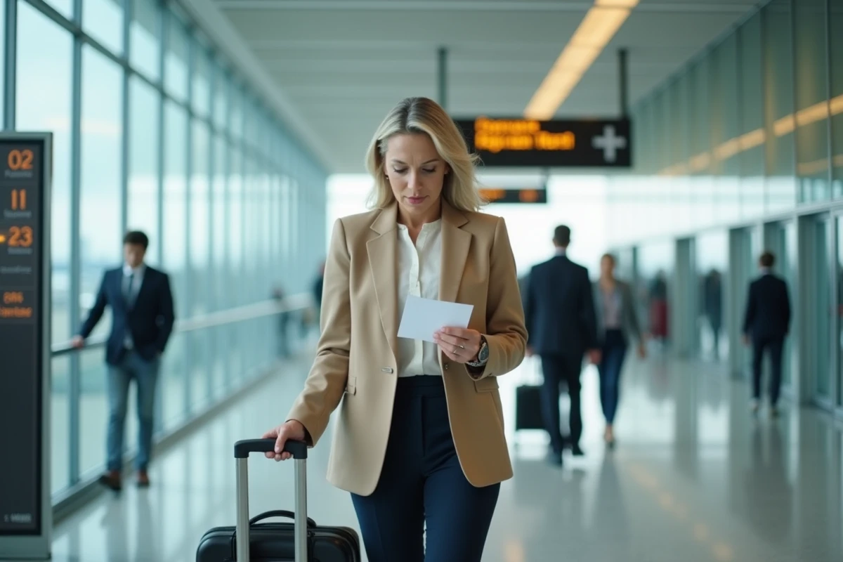 Femme stressée dans un aéroport avec une valise tenant une carte d'embarquement, évoquant les implications légales de partir à l'étranger en situation d'endettement