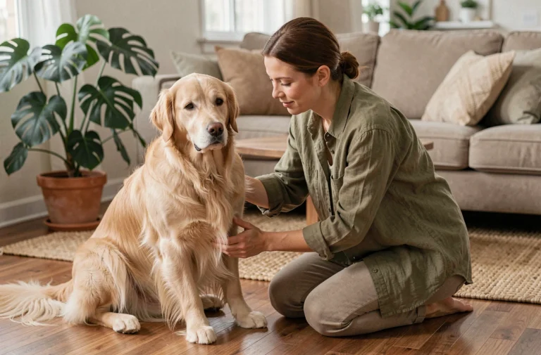 Femme brossant son golden retriever dans un salon chaleureux, soin quotidien d'un animal de compagnie