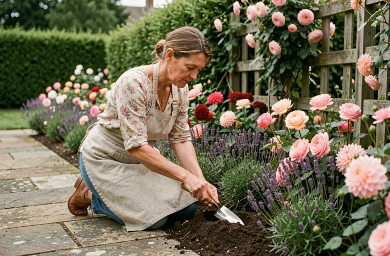Femme jardinant au milieu d'un parterre de fleurs colorées avec des roses, lavandes et dahlias dans un jardin de cottage