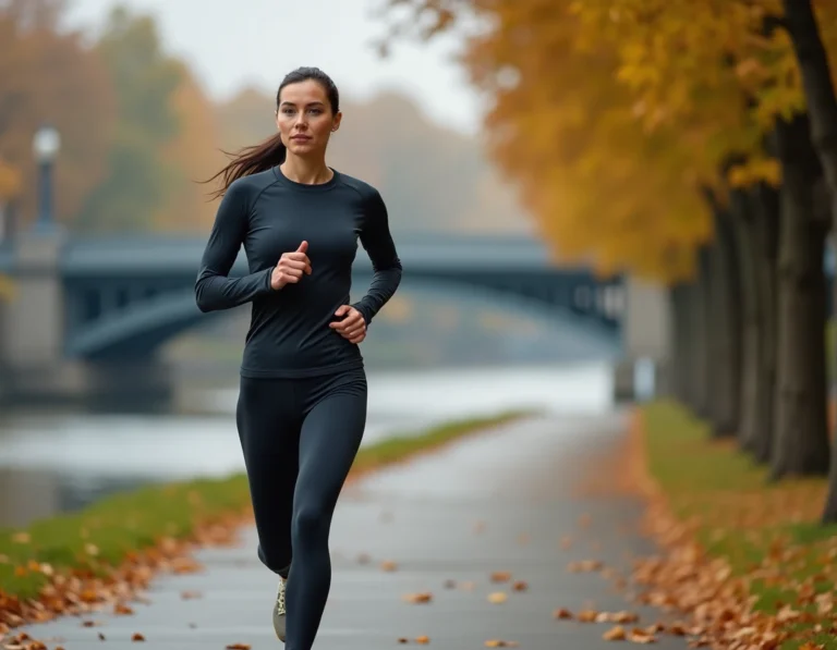 Femme pratiquant un jogging en aérobie le long d'une piste riverside en automne, illustrant l'effort cardio modéré et soutenu