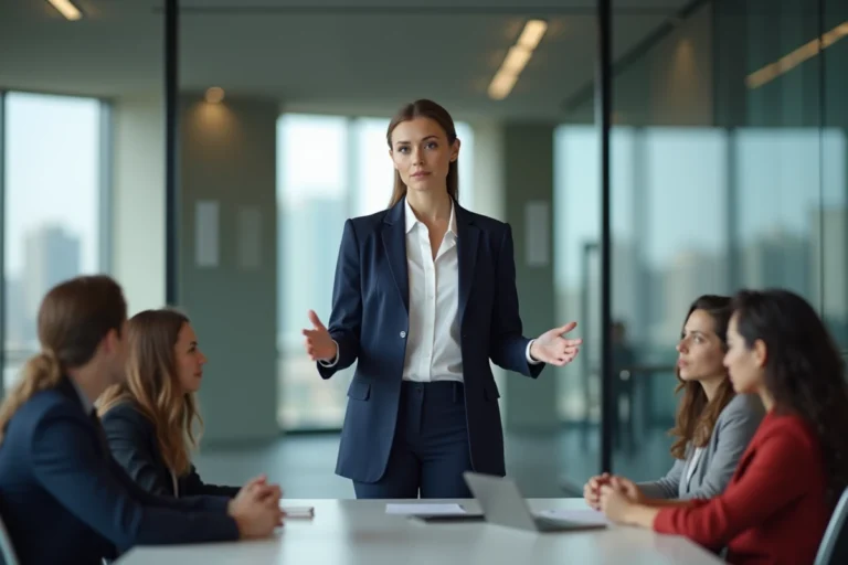 Femme cadre présentant devant ses collègues dans une salle de conférence moderne, illustrant le leadership féminin en entreprise
