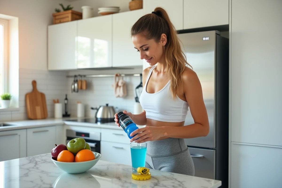 Femme versant une boisson Powerade dans un verre dans une cuisine moderne avec des fruits frais et un ruban de mesure