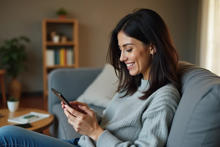 Femme utilisant un service de streaming vidéo sur smartphone depuis son canapé, illustrant l'usage d'une offre VOD mobile comme Excite Mobile Wister
