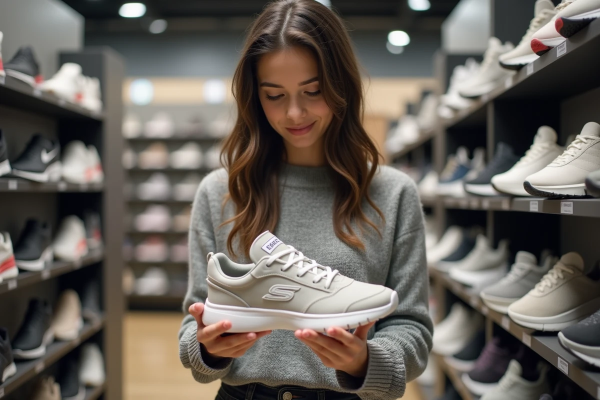 Jeune femme examinant attentivement l'intérieur d'une chaussure Skechers pour vérifier son authenticité dans un magasin de chaussures