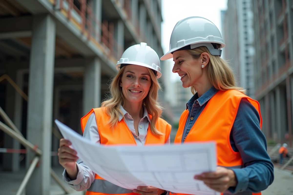 Deux femmes de générations différentes collaborant sur des plans d'architecture dans un chantier de construction, symbole d'égalité professionnelle et de transmission