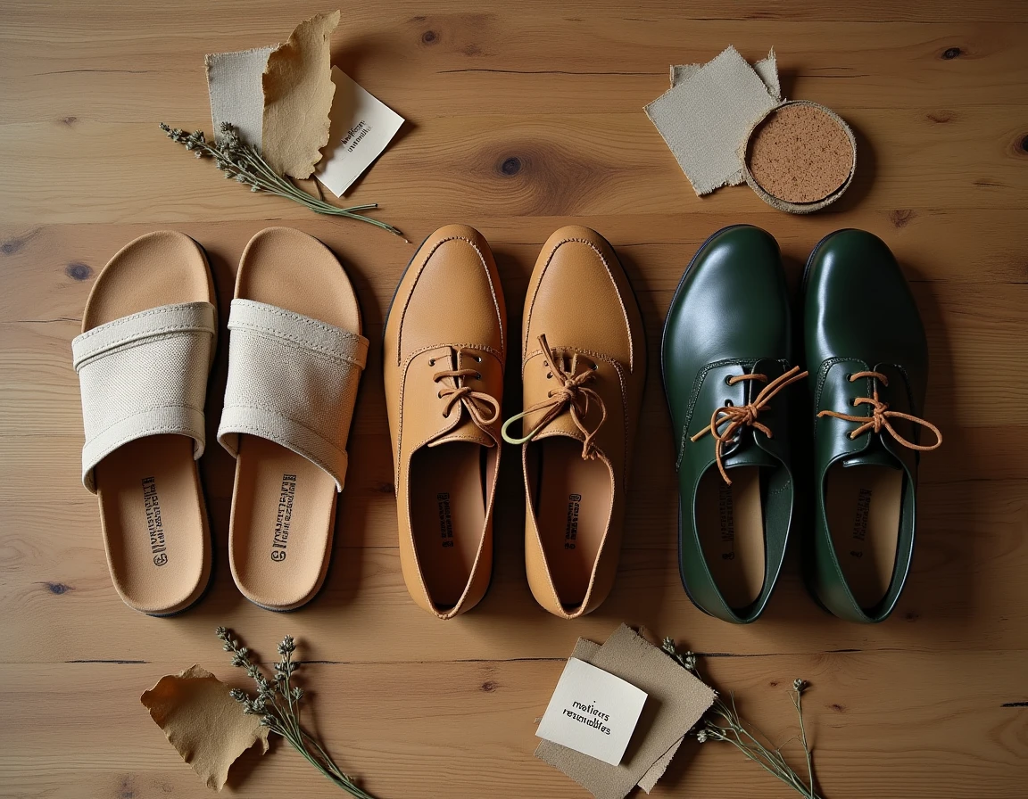 Flatlay de chaussures écoresponsables en liège, chanvre et cuir végétal avec étiquettes de certification sur table en chêne brut