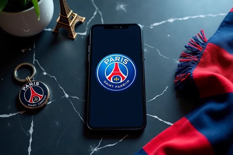 iPhone posé sur marbre noir affichant un fond d'écran PSG 4K avec l'emblème du Paris Saint-Germain en bleu et rouge
