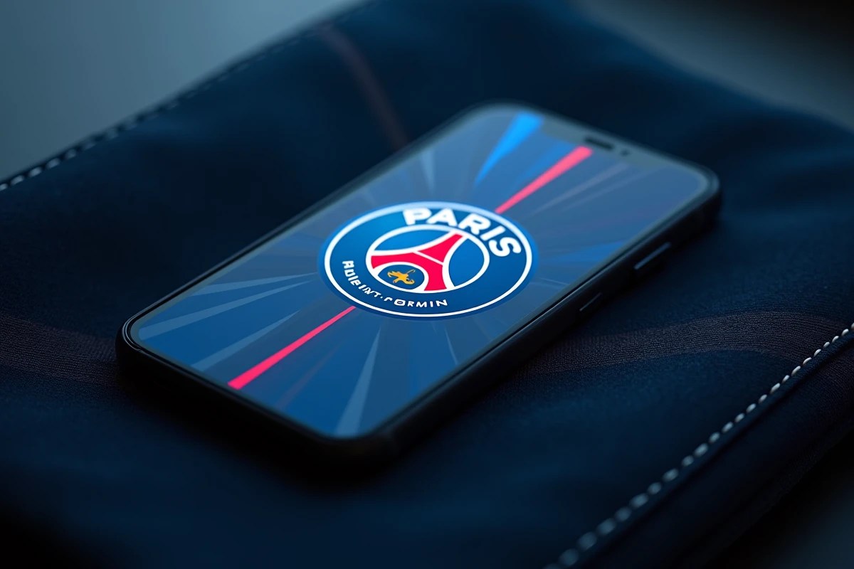 Gros plan sur écran iPhone affichant un fond d'écran PSG 4K avec le logo Paris Saint-Germain en haute définition