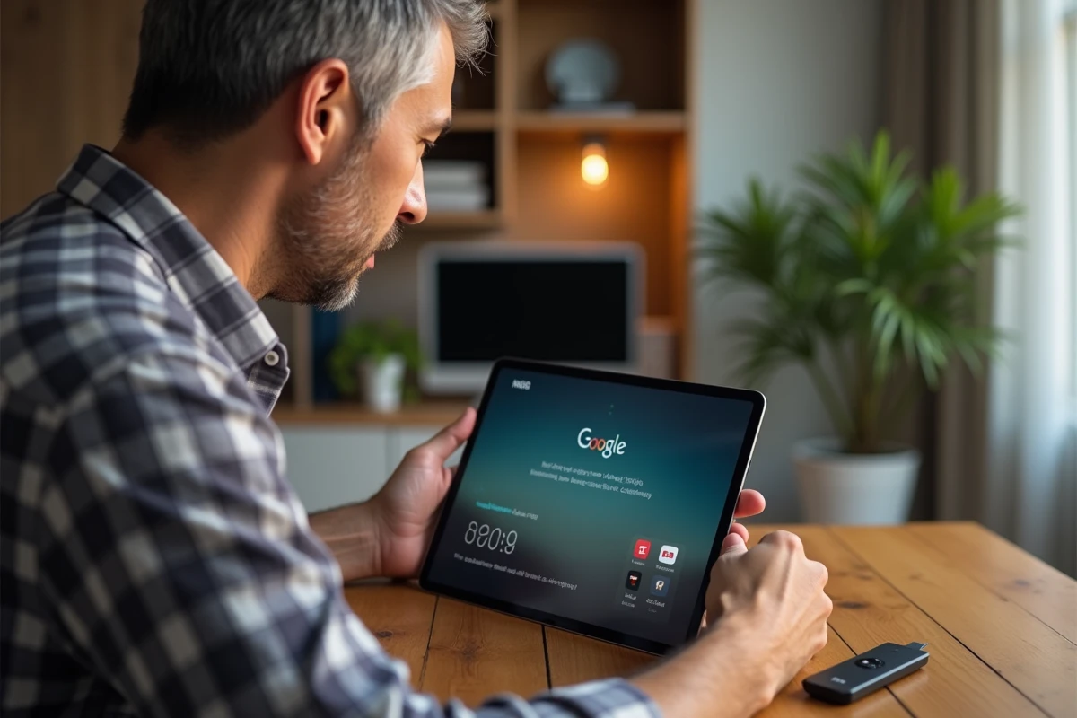 Homme consultant un guide de configuration du Mi TV Stick sur une tablette posée sur une table en bois