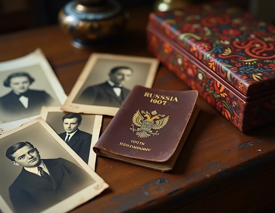 Collection d'objets patrimoniaux russes incluant passeport vintage, photographies sépia et boîte laquée traditionnelle, illustrant les origines et l'héritage familial de Vladimir Boudnikoff