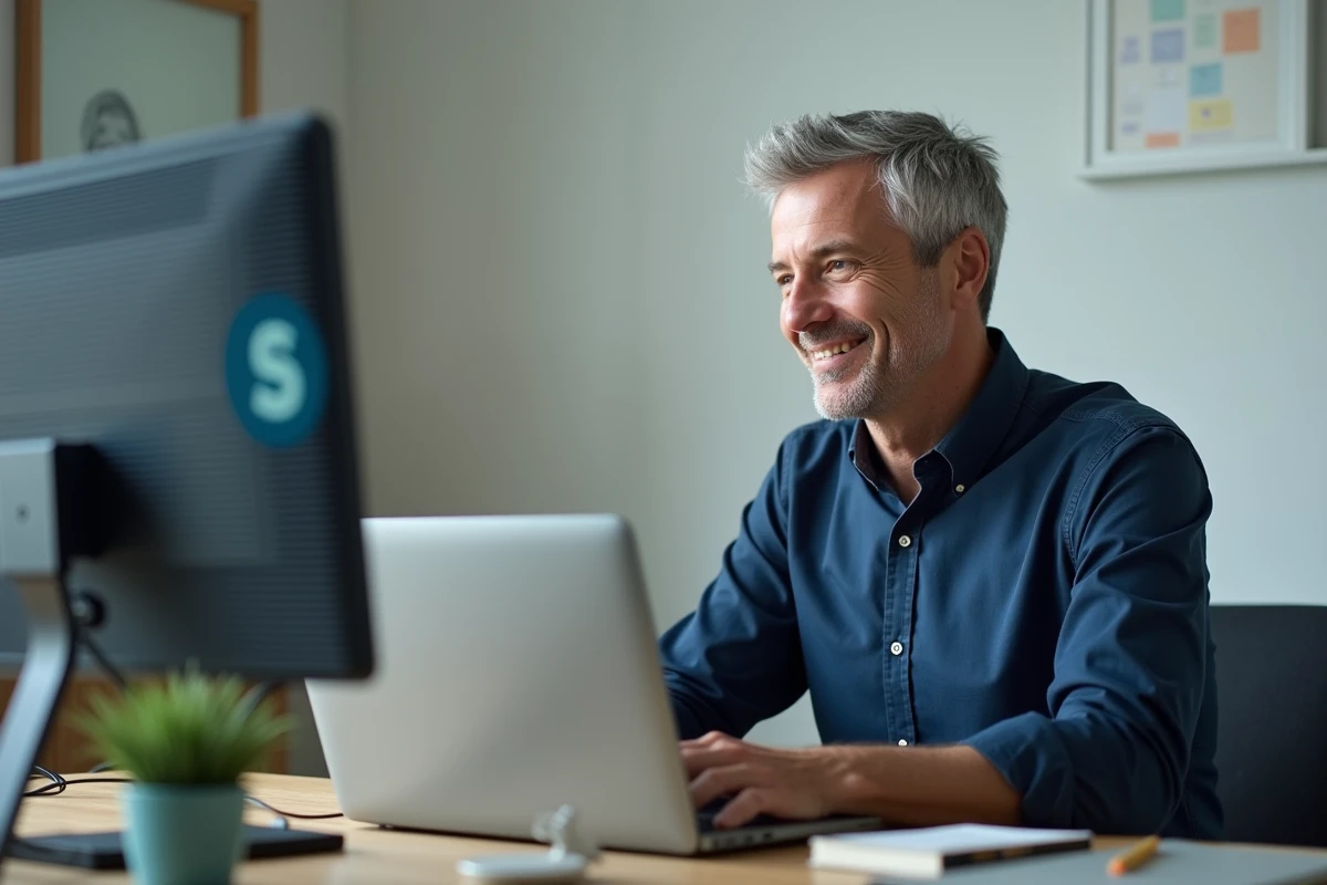 Homme consultant un catalogue VOD sur ordinateur portable à son bureau à domicile, représentant l'accès aux services Excite Mobile et Wister