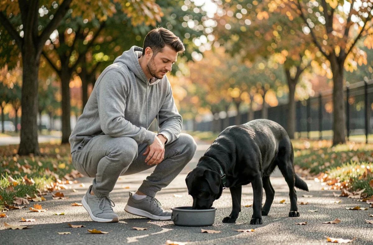 Homme et son labrador noir se reposant dans un parc en automne, promenade et hydratation de l'animal