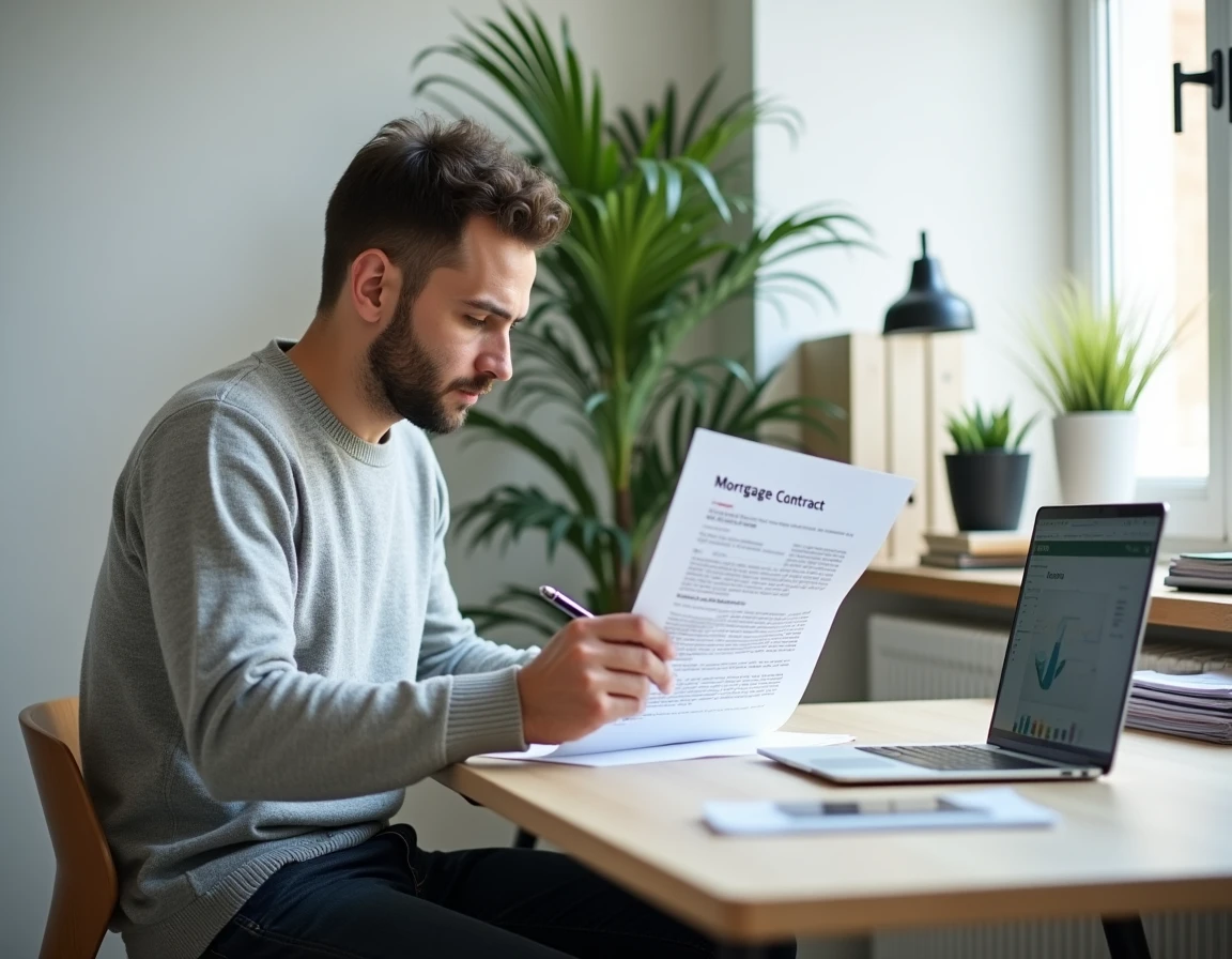 Homme lisant attentivement un contrat de prêt immobilier dans un bureau à domicile minimaliste
