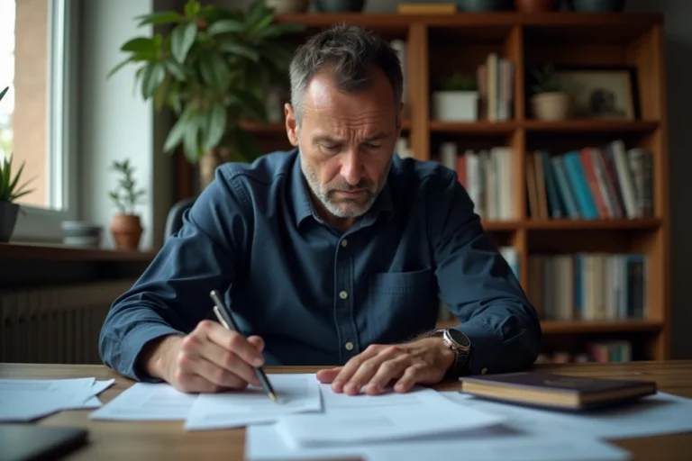 Homme préoccupé regardant des dettes et un passeport sur un bureau, illustration d'un départ à l'étranger avec des dettes en droit français