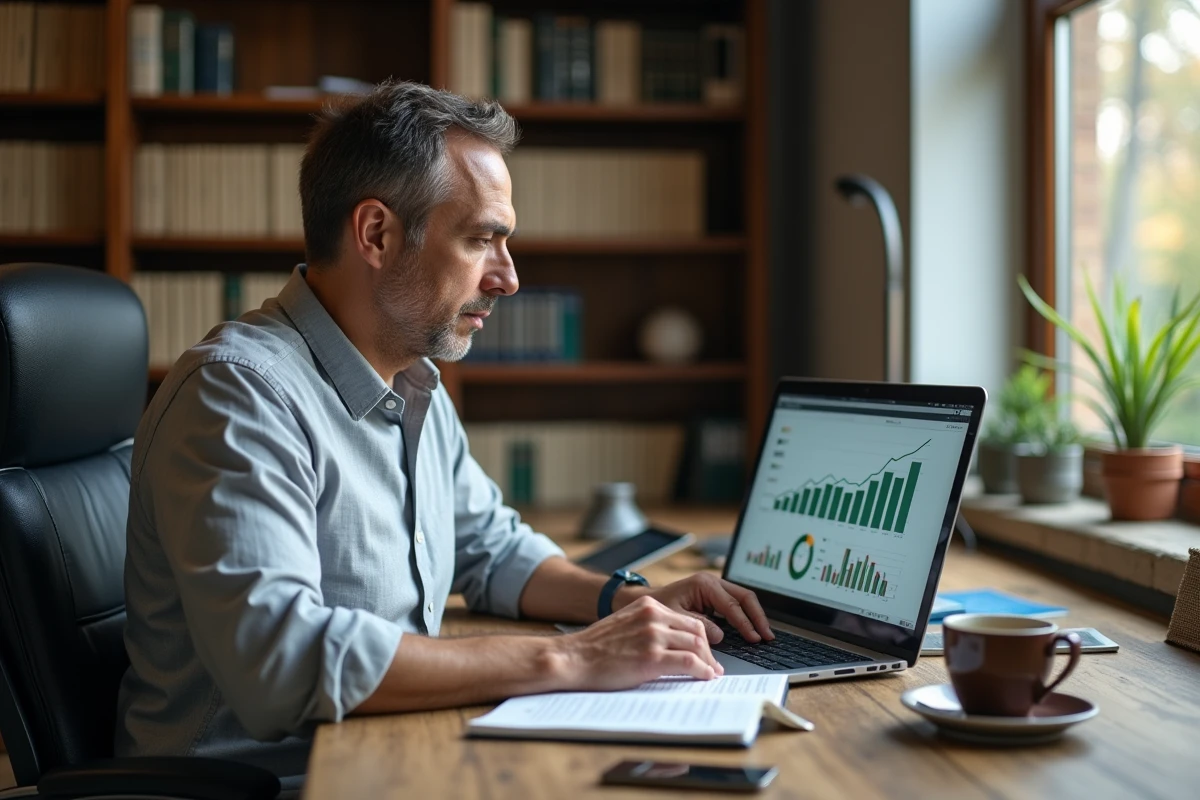 Homme consultant des graphiques du marché immobilier sur un ordinateur portable dans un bureau à domicile