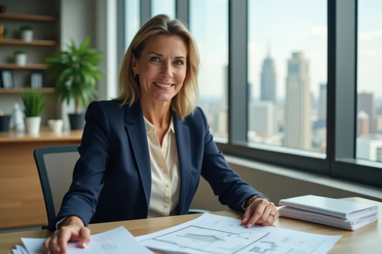 Femme professionnelle analysant des documents d'investissement immobilier dans un bureau moderne avec vue sur la ville