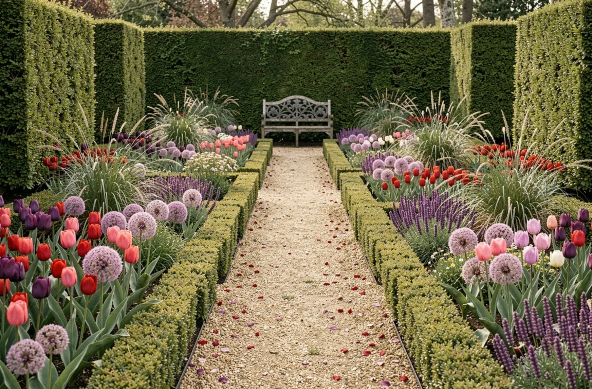 Vue grand angle d'un jardin formel en pleine floraison avec des tulipes, alliums et haies de buis taillées le long d'une allée en gravier