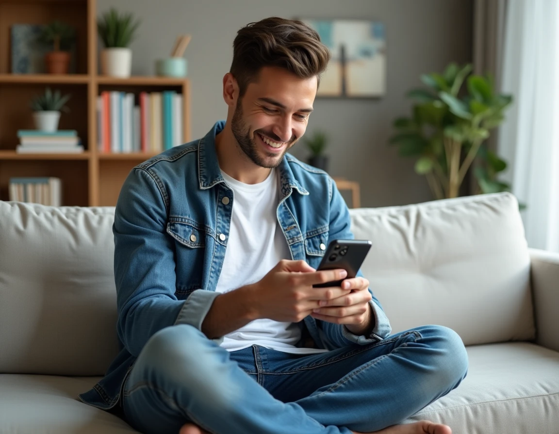 Jeune entrepreneur connecté sur smartphone depuis son bureau à domicile, explorant des opportunités business en ligne