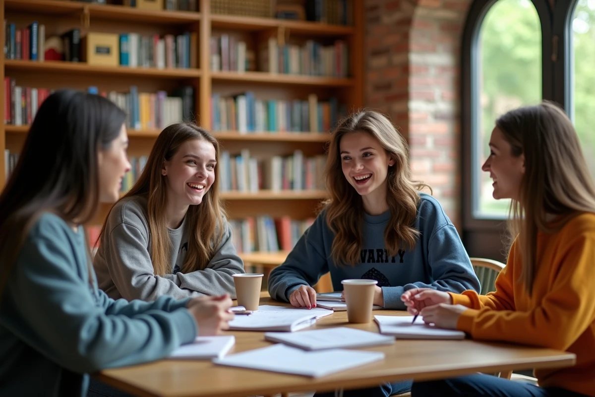 Groupe de jeunes femmes étudiantes en discussion active dans une bibliothèque universitaire, représentant l'engagement féminin pour l'éducation et l'avenir
