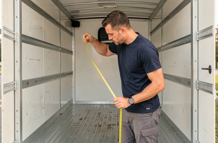 Homme mesurant l'espace intérieur d'un camion de location 6m3 avec un mètre ruban pour vérifier les dimensions avant de transporter un lit