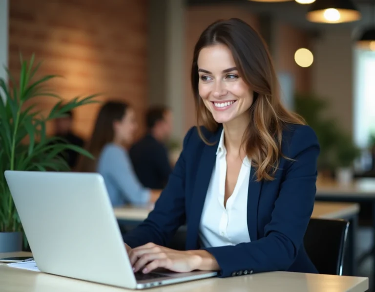 Femme d'affaires professionnelle analysant des opportunités business sur un ordinateur portable dans un espace de coworking moderne