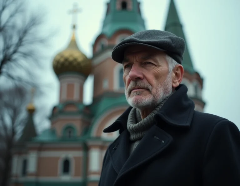 Portrait d'un homme d'origine russe devant une église orthodoxe traditionnelle, évoquant les racines culturelles et familiales de Vladimir Boudnikoff