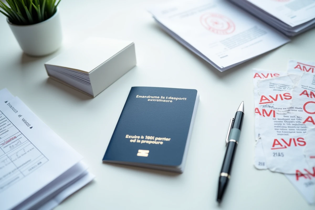 Vue de dessus d'un passeport français, de courriers de dettes tamponnés et d'un calendrier, symbolisant les obligations légales avant un départ à l'étranger